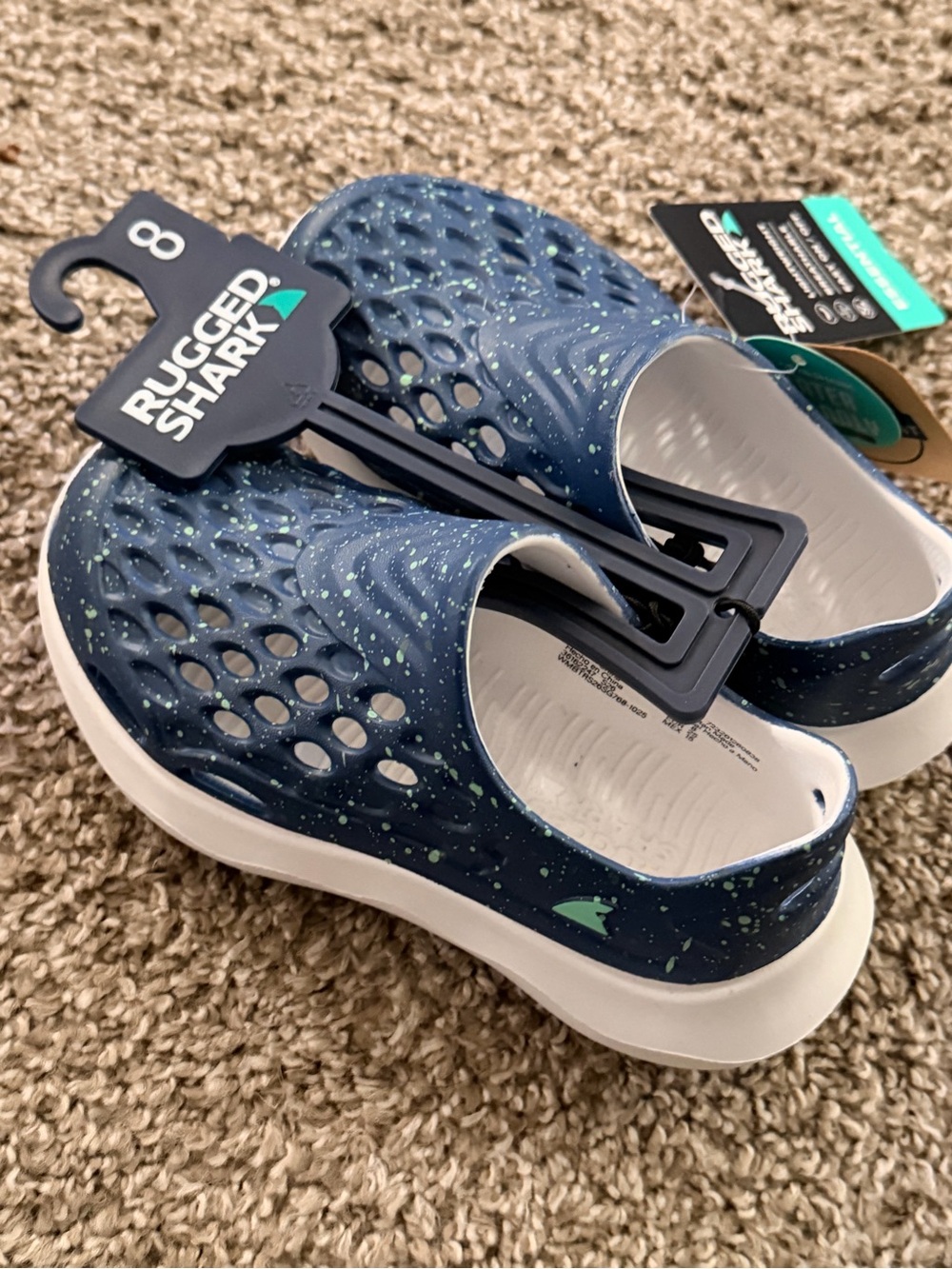 Rugged Shark Kids Navy Blue Slip-On Water Shoes with Green Speckle